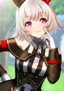 1girl animal_ears bare_shoulders black_dress blurry blurry_background blush bow breasts closed_mouth coat commentary_request curren_chan_(fille_eclair)_(umamusume) curren_chan_(umamusume) dress ear_bow ear_covers gloves grey_hair horse_ears horse_girl long_sleeves looking_at_viewer medium_breasts off-shoulder_coat off-shoulder_dress off-shoulder_jacket off_shoulder otono_(bkt4b) outdoors purple_eyes red_bow short_hair smile solo striped_clothes striped_dress tree umamusume vertical-striped_clothes vertical-striped_dress white_dress white_gloves