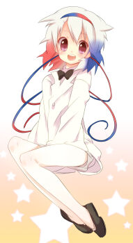 1boy :d bishounen blue_hair bow full_body gen_4_pokemon hairband happy highres male_focus multicolored_hair nakamura_sandayo necktie nintendo open_mouth personification pokemon purple_eyes red_hair shirt shoes smile solo star_(symbol) togekiss trap white_hair