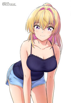 1girl absurdres bare_shoulders bent_over blue_shorts blush breasts bukiyou_na_senpai camisole cleavage closed_mouth collarbone colored_inner_hair crossed_bangs dolphin_shorts hair_between_eyes hair_intakes hanging_breasts high_ponytail highres kannawa_azusa large_breasts leaning_forward long_hair looking_at_viewer magazine_scan megami_magazine multicolored_hair official_art pink_hair ponytail purple_eyes scan shorts simple_background solo thighs tokuda_kenrou white_background