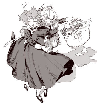 Rule 34 | +++, 2girls, apron, basket, blush, breasts, bun cover, catherine (conto), chipped tooth, closed eyes, conto, dress, grabbing another's breast, grabbing from behind, groping, hair bun, hair intakes, highres, holding, holding basket, large breasts, laundry basket, leg up, long sleeves, maid, maid apron, mary janes, multiple girls, open mouth, original, shadow, shoes, single hair bun