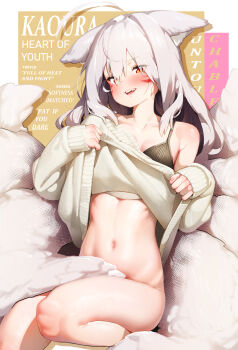 Rule 34 | 1girl, absurdres, animal ears, black bra, blush, bottomless, bra, breasts, clothes lift, commission, facial mark, fox ears, fox girl, fox tail, highres, lifting own clothes, long hair, long sleeves, looking at viewer, mr1thonk, multiple tails, navel, off shoulder, orange eyes, original, small breasts, smug, stomach, sweater, sweater lift, tail, teeth, underwear, upper teeth only, whisker markings, white hair