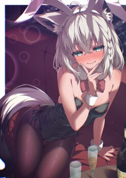 1girl absent absurdres ahoge alcohol animal_ear_fluff animal_ear_hairband animal_ears aqua_eyes arm_support bare_arms bare_shoulders black_leotard black_tail blush bow bowtie braid breasts champagne champagne_flute collar commentary covered_navel cowboy_shot crossed_bangs cup detached_collar double-parted_bangs drinking_glass fake_animal_ears finger_to_own_chin fox_ears fox_girl fox_tail gradient_tail green_eyes hair_between_eyes hairband highleg highleg_leotard highres hololive indoors leotard long_hair looking_at_viewer medium_breasts nose_blush open_mouth pantyhose pentagram playboy_bunny rabbit_ear_hairband rabbit_ears red_bow red_bowtie shirakami_fubuki side-tie_leotard side_braid sidelocks single_braid smile solo strapless strapless_leotard tail virtual_youtuber white_collar white_hair white_tail white_wrist_cuffs wrist_cuffs