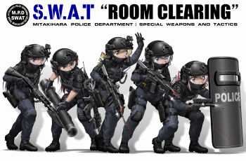 5girls akemi_homura assault_rifle ballistic_shield battering_ram blonde_hair blue_hair bulletproof_vest cable_tie commentary_request covered_mouth english_text flashlight glock gun gun_sling h&amp;k_hk416 handgun kaname_madoka laser laser_pointer laser_pointer_projection laser_sight mahou_shoujo_madoka_magica mahou_shoujo_madoka_magica_(anime) miki_sayaka multiple_girls pink_eyes pink_hair police pump_action purple_eyes purple_hair red_eyes red_hair remington_870 rifle riot_shield s.w.a.t. sakura_kyoko shield shingyouji_tatsuya shotgun tactical_light tomoe_mami trigger_discipline weapon yellow_eyes