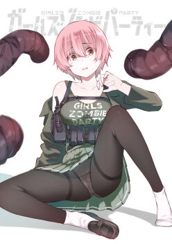 breasts english_text girls_zombie_party imminent_rape japanese_text kojima_takeshi momoshiro_momo pink_hair scared shirt short_hair skirt t-shirt tears tentacles
