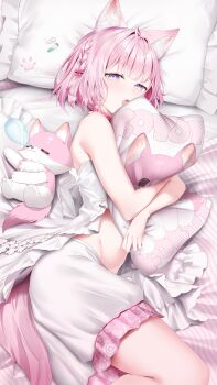 1girl absurdres animal_ears bare_shoulders bloomers blush camisole choker fang frilled_camisole frilled_choker frills hakui_koyori highres hololive hugging_object looking_at_viewer lying momose_momo_(100semomo) nose_bubble on_bed on_side open_mouth pillow pillow_hug pink_choker pink_hair purple_eyes short_hair skin_fang sleeping sleepwear solo tail underwear virtual_youtuber white_bloomers wolf_ears wolf_girl wolf_tail