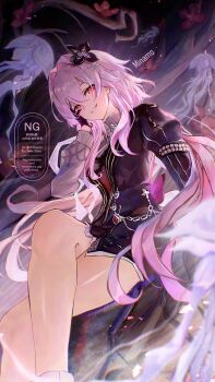 1girl absurdres chain crossed_legs dress earrings evernight_(honkai:_star_rail) evey_(honkai:_star_rail) flower gloves hair_flower hair_ornament hairclip hashtag-only_commentary highres honkai_(series) jewelry layered_dress long_hair looking_at_viewer march_7th_(honkai:_star_rail) memosprite minamo_(edosei_edo) parallel_hairclips pink_hair red_eyes single_earring sitting smile solo thighs very_long_hair watermark