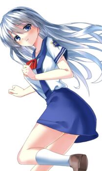 Rule 34 | 1girl, black hairband, blue eyes, blue sailor collar, blue skirt, blush, brown shoes, clannad, clenched hands, closed mouth, commentary request, commission, dutch angle, eyes visible through hair, floating hair, foot out of frame, grey hair, hair between eyes, hairband, hands up, hikarizaka private high school uniform, kneehighs, loafers, long hair, looking at viewer, red ribbon, ribbon, sailor collar, sakagami tomoyo, school uniform, serafuku, shirt, shoes, short sleeves, simple background, skirt, smile, socks, solo, standing, standing on one leg, suspender skirt, suspenders, tomoyo after, very long hair, white background, white shirt, white socks, yoanium