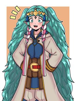 1girl braid commission cosplay fire_emblem fire_emblem:_three_houses fire_emblem_heroes gold_trim green_eyes green_hair hair_ribbon hands_on_own_hips highres hooded_robe kiran_(fire_emblem) kiran_(fire_emblem)_(cosplay) ko-fi_commission mnejing30 nintendo open_mouth ribbon ribbon_braid robe sothis_(fire_emblem) white_robe