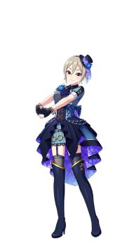 1girl black_eyes boots dress fingerless_gloves full_body garter_straps gloves grey_hair hat high_heel_boots high_heels idol_clothes idolmaster idolmaster_cinderella_girls idolmaster_cinderella_girls_starlight_stage interlocked_fingers mini_hat official_art shiomi_syuko smile solo thigh_boots thighhighs transparent_background