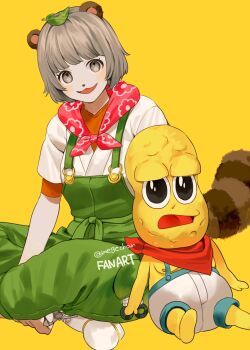 Rule 34 | 1girl, animal ears, animal nose, artist name, bandana, bandana around neck, black eyes, blunt bangs, blush, floral print, green overalls, grey eyes, grey hair, highres, indie virtual youtuber, leaf, leaf on head, looking at viewer, mege (megechan), open mouth, orange shirt, overalls, peanuts-kun, ponpoko (vtuber), raccoon ears, raccoon girl, raccoon tail, red bandana, red scarf, scarf, shirt, shoes, short hair, simple background, sweater, tail, tongue, twitter username, virtual youtuber, white shoes, white sweater, yellow background