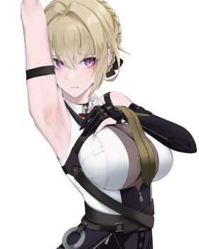 1girl 7shi2025 arm_strap arm_up armpits black_pants blonde_hair chest_harness closed_mouth collar elbow_gloves evelyn_chevalier gloves half_gloves hand_on_own_chest harness high-waist_pants highres latex_pants looking_to_the_side mole mole_under_eye necktie pants purple_eyes see-through_clothes shirt single_elbow_glove single_half_glove solo tight_clothes tight_pants white_background white_shirt yellow_necktie zenless_zone_zero zipper