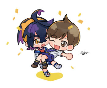 Rule 34 | :3, :d, ahoge, bare shoulders, black hair, brown eyes, brown shoes, carrying, carrying person, chibi, chibi only, collared shirt, commentary request, confetti, couple, cowlick, florian (pokemon), full body, hair between eyes, hairband, hatemadeimym, holding, kieran (pokemon), looking at another, male focus, multicolored hair, necktie, nintendo, no nose, one eye closed, open mouth, pokemon, pokemon sv, princess carry, purple hair, purple necktie, red tank top, ship name, shirt, shoes, short hair, short sleeves, simple background, smile, tank top, thick eyebrows, two-tone hair, white background, white shoes, yaoi, yellow eyes, yellow hairband