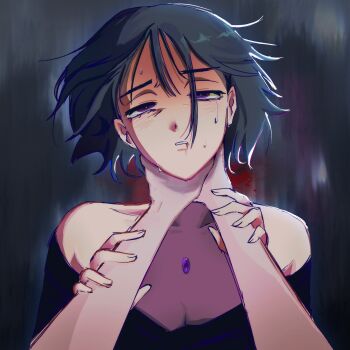 2girls alien_stage asphyxiation black_dress black_hair blood clothing_cutout commentary dress english_commentary highres holding_another's_wrists kizam0k mizi_(alien_stage) multiple_girls parted_lips pov pov_hands purple_eyes short_hair shoulder_cutout strangling sua_(alien_stage) sweat