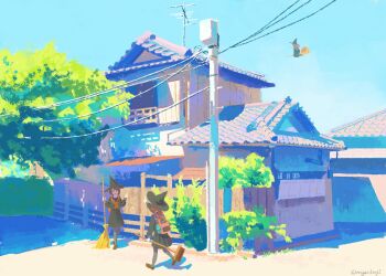 3girls bag black_sailor_collar black_serafuku black_shirt black_skirt blue_sky broom broom_riding brown_hair brown_shoes building clear_sky day hat highres holding holding_broom long_hair multiple_girls neckerchief open_mouth original outdoors power_lines red_neckerchief road sailor_collar scenery school_bag school_uniform serafuku shirt shoes skirt sky smile sugita_magari tree utility_pole waving wide_shot witch witch_hat