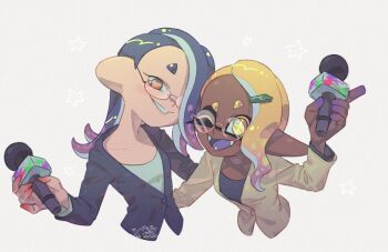Rule 34 | 2girls, ariamikukanzaki, bespectacled, black jacket, blonde hair, blue hair, breasts, colored extremities, commentary, cross-shaped pupils, dark-skinned female, dark skin, fangs, frye (splatoon), glasses, gradient hair, hair ornament, hairclip, holding, holding microphone, inkling, jacket, microphone, multicolored hair, multiple girls, nintendo, octoling, one eye closed, open mouth, orange eyes, pointy ears, purple hair, raised eyebrow, reporter, shiver (splatoon), small breasts, smile, splatoon (series), splatoon 3, symbol-shaped pupils, twitter username, very dark skin, yellow eyes