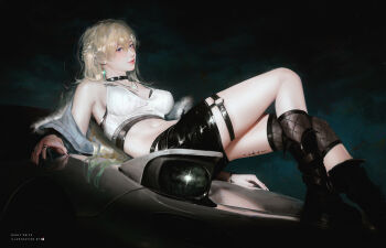 1girl absurdres alternate_costume artist_name bare_shoulders black_shorts blonde_hair breasts car closed_mouth commentary earrings english_commentary fur-trimmed_jacket fur_trim grey_jacket hair_ornament highres jacket jewelry knees_up long_hair lynae_(wuthering_waves) medium_breasts motor_vehicle navel off_shoulder on_car shorts solo star_(symbol) star_earrings tacet_mark_(wuthering_waves) title ui_uiiiiiiiii wuthering_waves