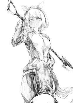 1girl absurdres animal_ears arm_up breasts breath carrying_over_shoulder commentary_request commission ear_covers from_below greyscale hairband hand_in_pocket hasukurira highres holding holding_shovel horse_ears horse_girl horse_tail jacket long_sleeves looking_at_viewer looking_down monochrome open_mouth pants pixiv_commission pov_stomped short_hair shovel small_breasts solo standing standing_on_one_leg stepping_on_frame tail tracen_training_uniform track_jacket track_suit umamusume yukino_bijin_(umamusume)