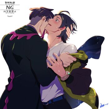 2boys adam's_apple belt belt_buckle black_coat black_hair black_pants blue_belt blush bracelet buckle coat commentary_request corbeau_(pokemon) cowboy_shot crew_neck glasses green_jacket hand_on_another's_head highres jacket jacket_partially_removed jewelry long_sleeves male_focus multiple_boys nintendo open_mouth pants parted_hair paxton_(pokemon) pokemon pokemon_legends:_z-a purple_hair shirt short_hair signature simple_background t-shirt tassel watermark white_background white_shirt yaoi zhr_000g