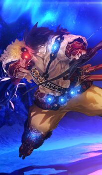 Rule 34 | 1boy, armor, armored boots, belt, belt pouch, big nose, blue background, boots, bow (weapon), brown hair, closed mouth, club (weapon), commentary request, fate/grand order, fate (series), fingerless gloves, foot out of frame, fur-trimmed gloves, fur trim, game cg, gloves, glowing, hair over one eye, holding, holding bow (weapon), holding club, holding weapon, i-iv (longman), legs apart, male focus, medium hair, muscular, muscular male, official art, pants, pectorals, pouch, sash, sheath, sheathed, shoulder armor, shoulder sash, smile, solo, standing, super orion (fate), sword, thick eyebrows, third-party source, topless male, weapon, yellow pants