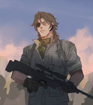 1boy assault_rifle black_gloves brown_hair camouflage_headwear commentary eyepatch gloves grey_jacket gun gundam gundam_00 headset holding holding_gun holding_weapon huangdanlan jacket lockon_stratos male_focus military_uniform rifle sky solo weapon