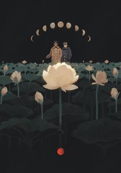 Rule 34 | 2boys, absurdres, black coat, black hair, brown coat, buttons, coat, crescent moon, flower, full moon, golden kamuy, highres, hood, hooded coat, koito otonoshin, long sleeves, looking at another, lotus, metro (metro000), moon, multiple boys, tsurumi tokushirou, white flower