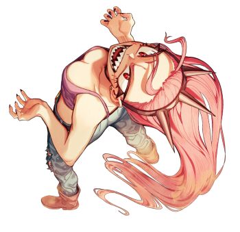 1girl absurdres black_hairband black_nails blue_pants breasts bsapricot denim from_above hairband highres hololive hololive_english jeans leaning_back long_hair medium_breasts mori_calliope open_mouth pants pink_hair pink_tank_top red_eyes sharp_teeth simple_background solo spiked_hairband spikes standing tank_top teeth torn_clothes torn_jeans torn_pants virtual_youtuber white_background