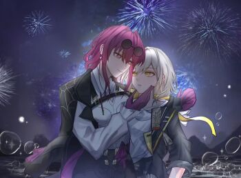 2girls black_jacket black_shorts black_skirt breasts bubble closed_mouth collarbone collared_shirt earrings eyewear_on_head fireworks gloves grey_hair hair_between_eyes hand_on_another&#039;s_face hands_up high-waist_shorts highres honkai:_star_rail honkai_(series) jacket jewelry kafka_(honkai:_star_rail) long_sleeves looking_at_another low_ponytail medium_breasts mountain multiple_girls night night_sky ocean open_clothes open_jacket outdoors pearl_earrings ponytail purple_eyes purple_gloves purple_hair purple_sky round_eyewear shirt short_hair shorts sidelocks single_earring skirt sky smile spider_web_print stelle_(honkai:_star_rail) sunglasses t-shirt teeth trailblazer_(honkai:_star_rail) white_shirt xiang_cheng_(mona_0225_) yellow_eyes yuri