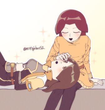 2girls :o belt black_bodysuit black_pants blush bodysuit breasts brown_belt brown_eyes brown_hair caress closed_eyes dress hand_on_another's_face hand_on_another's_head highres jacket jumpsuit lap_pillow light_blush long_hair long_sleeves looking_at_another lying lying_on_person medium_breasts medium_hair mii_(nintendo) mii_gunner mii_gunner_(smash_4) mii_gunner_(smash_ultimate) miifighterss2 mother_and_daughter multiple_girls nintendo on_back open_clothes open_jacket open_mouth orange_dress orange_shirt orange_sweater pants red_hair resting shirt sitting sitting_on_object smile sparkle super_smash_bros. sweater teacher_and_student twitter_username yellow_sweater yuri