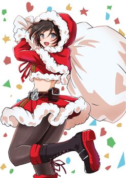 1girl bakuma belt_buckle black_hair black_pantyhose boots buckle christmas dress fur-trimmed_dress fur_trim grey_eyes highres holding holding_sack hood looking_at_viewer multicolored_hair pantyhose red_hair ruby_rose rwby sack santa_costume short_hair solo