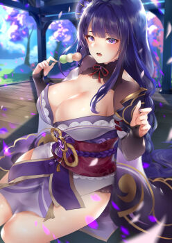 1girl absurdres blunt_bangs blurry blurry_background blush braid breasts cleavage clothing_cutout commentary dango depth_of_field donatsu_(donut007008) english_commentary food genshin_impact glint hair_ornament highres holding holding_food huge_breasts japanese_clothes kimono long_braid looking_at_viewer looking_to_the_side mitsudomoe_(shape) mole mole_under_eye neck_ribbon off_shoulder open_mouth outdoors purple_eyes purple_hair purple_kimono raiden_shogun red_sash ribbon sash shoulder_cutout sideboob single_braid sitting solo thick_thighs thighs tomoe_(symbol) upper_body wagashi wide_sleeves