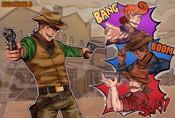 Rule 34 | 4boys, absurdres, adjusting clothes, adjusting headwear, aiming, aiming at viewer, alcohol, alternate skin color, animification, antenna hair, apron, arm hair, artist name, bartender, belt, black belt, blue coat, blue eyes, brown belt, brown hair, brown hat, brown neckerchief, brown pants, brown vest, building, coat, cocktail shaker, commentary, copyright logo, copyright name, cowboy, cowboy hat, cowboy western, dark-skinned male, dark skin, darkened skin, dual wielding, edd (eddsworld), eddsworld, edward gold (eddsworld), english commentary, english text, epaulettes, eyepatch, facial hair, flower, green shirt, grin, gun, hair behind ear, halftone, handgun, hat, highres, holding, holding cocktail shaker, holding gun, holding weapon, krilzuo, logo, long sleeves, low ponytail, male focus, matt (eddsworld), mature male, medium hair, mouth hold, multiple belts, multiple boys, mustache, neckerchief, official alternate costume, open mouth, orange hair, outdoors, outline, outstretched hand, pants, ponytail, prince, prince matthew (eddsworld), purple coat, red flower, red rose, red shirt, revolver, rose, sheriff (western), sheriff badge, shirt, short hair, short ponytail, signature, smile, thompson (eddsworld), todd (eddsworld), tom (eddsworld), tord (eddsworld), tree, vest, weapon, western, white apron, white outline