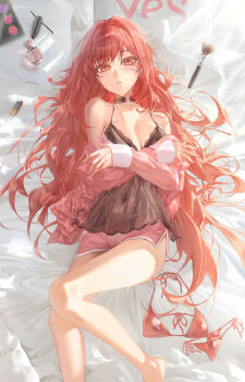 1girl bikini black_camisole black_choker breasts camisole choker commentary covered_navel dolphin_shorts english_commentary goddess_of_victory:_nikke highres large_breasts long_hair lying official_alternate_costume on_back on_bed pink_shorts rapi_(nikke) rapi_(red_hood)_(cherished_red)_(nikke) rapi_(red_hood)_(nikke) red_bikini red_eyes red_hair shalink shorts solo swimsuit unworn_bikini very_long_hair yes-no_pillow
