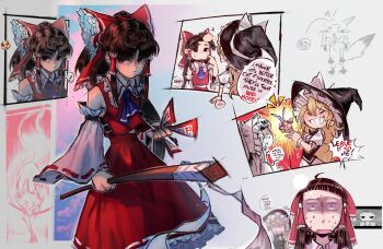 ahoge bare_shoulders black_vest blonde_hair blunt_bangs bow brown_hair commentary cutting_another's_hair cutting_hair detached_sleeves english_text expressionless gohei grin hair_between_eyes hair_tubes hakurei_reimu hakurei_reimu_(fox) hat highres holding holding_gohei holding_ofuda holding_scissors houraisan_kaguya kirisame_marisa long_hair ofuda parted_lips red_bow red_eyes red_shirt red_skirt reference_inset scissors shirt short_bangs short_sleeves skirt sleep_(isliping) sleeveless sleeveless_shirt smile speech_bubble sweat sweatdrop touhou vest white_shirt witch_hat