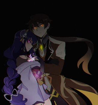 1boy 1girl absurdres aidmoon black_background blunt_bangs braid bridal_gauntlets brown_hair brown_pants brown_suit chinese_clothes closed_mouth clothing_cutout commentary couple english_commentary expressionless fan_hair_ornament flower_ornament formal_clothes from_side genshin_impact glowing glowing_eyes gradient_hair hair_between_eyes hair_ornament hair_ribbon hand_on_own_chest hetero highres japanese_clothes kimono leaning_on_person leaning_to_the_side long_braid long_sleeves looking_back looking_down mole mole_under_eye multicolored_hair neck_ribbon off_shoulder pants purple_kimono raiden_shogun red_ribbon red_sash ribbon sash shoulder_cutout single_braid standing streaked_hair suit thighs wide_sleeves zhongli_(genshin_impact)