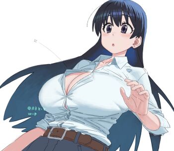 1girl arato_nagi belt black_hair blue_eyes blush breasts bursting_breasts buttons denim highres jeans long_hair maruko_tooto open_mouth pants popped_button ruri_no_houseki shirt shirt_tucked_in simple_background sleeves_rolled_up unfinished white_background white_shirt