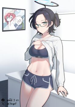 1girl 3legsf black_halo blue_archive breasts chihiro_(blue_archive) chihiro_(pajamas)_(blue_archive) clothes_lift glasses halo highres leaning_on_table lifting_own_clothes long_sleeves looking_at_viewer midriff official_alternate_costume official_alternate_hairstyle short_hair shorts solo sports_bra thighs