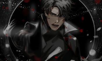 1boy aiming aiming_at_viewer black_coat black_eyes black_hair black_shirt blackbox_(blackbox9158) blood blood_on_face blood_splatter coat curtained_hair holding holding_sword holding_weapon male_focus nosebleed omniscient_reader&#039;s_viewpoint open_clothes open_coat open_mouth popped_collar shirt short_hair shouting sky solo star_(sky) starry_sky sword weapon wide-eyed yoo_joonghyuk