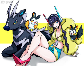 Rule 34 | 1girl, black fur, black hair, blue eyes, blue shorts, body fur, bra, breasts, cleavage, coat, collarbone, crossed legs, elesa (pokemon), emolga, gen 5 pokemon, grey fur, group picture, high heels, highres, jrpulse, looking at viewer, medium breasts, nintendo, pokemon, pokemon (creature), pokemon bw2, puffy coat, red shoes, shoes, shorts, thighs, two-tone fur, underwear, white fur, yellow bra, yellow coat, zebra, zebstrika