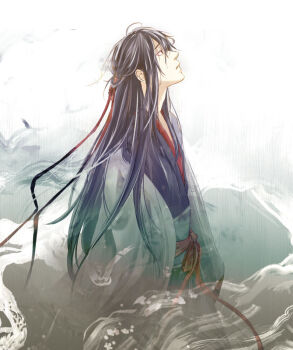 Rule 34 | 1boy, ahoge, black hair, black hanfu, chinese clothes, coat, from side, grey coat, grey sash, hair down, hair ribbon, half updo, hanfu, long hair, long sleeves, looking to the side, looking up, male focus, modao zushi, off shoulder, official alternate costume, official alternate hairstyle, open clothes, open coat, parted lips, profile, red eyes, red ribbon, red sash, ribbon, robe, sash, sidelocks, smoke, solo, very long hair, water, wei wuxian, wei wuxian (yiling laozu), wide sleeves, wwhiledex2d