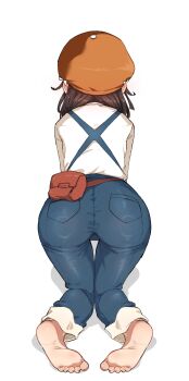 1girl absurdres all_fours ass barefoot belt belt_bag blue_overalls brown_belt brown_hair facing_away feet from_behind hat highres monogatari_(series) orange_hat overalls sadist_potatoe sengoku_nadeko shadow shirt simple_background soles solo toes twitter_username white_background white_shirt