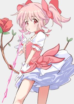 Rule 34 | 1girl, arrow (projectile), bow, bow (weapon), bow choker, choker, commentary request, dress, flower, gloves, grey background, hair bow, highres, holding, holding bow (weapon), holding weapon, kaname madoka, lolita fashion, mahou shoujo madoka magica, mahou shoujo madoka magica (anime), pink bow, pink dress, pink eyes, pink hair, puffy short sleeves, puffy sleeves, riannn desu, rose, short sleeves, short twintails, twintails, weapon, white gloves