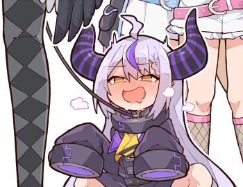 4girls ahoge bdsm belt black_wings blue_belt blush checkered_clothes checkered_legwear collar drooling fuwawa_abyssgard fuwawa_abyssgard_(1st_costume) grey_hair heavy_breathing highres hololive hololive_english horns kukie-nyan la+_darknesss la+_darknesss_(1st_costume) leash masochism metal_collar mococo_abyssgard mococo_abyssgard_(1st_costume) mouth_drool multiple_girls nerissa_ravencroft nerissa_ravencroft_(1st_costume) paw_pose pink_belt sleeves_past_fingers sleeves_past_wrists squatting sweat virtual_youtuber wings yellow_eyes