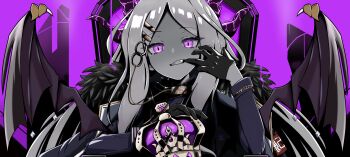 1girl absurdres black_coat black_gloves blue_archive coat coat_on_shoulders demon_girl demon_horns demon_wings fang gloves highres hina_(blue_archive) horns king_(vocaloid) long_hair looking_at_viewer poklow purple_eyes vocaloid white_hair wings