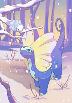 aurorus bare_tree blue_eyes blue_skin bright_pupils colored_skin gen_6_pokemon gen_8_pokemon highres looking_at_another milkshreds nintendo no_humans outdoors pokemon pokemon_(creature) snom snow tail tree white_pupils