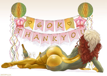 Rule 34 | 1girl, alva (artofalva), artist name, ass, bodysuit, brown hair, commentary, english commentary, from behind, gloves, highres, long hair, marvel, multicolored bodysuit, multicolored hair, rogue (x-men), solo, star balloon, superhero costume, thank you, two-tone bodysuit, two-tone hair, white hair, wide hips, x-men, x-men: the animated series, yellow gloves