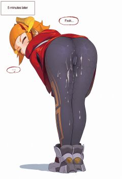 1girl annie_(league_of_legends) anus_visible_through_clothes ass ass_focus bent_over black_hoodie blush cameltoe closed_eyes clothes_lift covered_mouth cum cum_on_ass cum_on_body cum_on_clothes cum_on_legs cum_on_legwear embarrassed eyelashes female_focus from_behind full_body grey_pantyhose grey_shoes henz_(ketchupp) highres hood hood_down hoodie hoodie_lift horns implied_hetero league_of_legends loli lunar_beast_annie multicolored_hair official_alternate_costume orange_hair panties panties_under_pantyhose pantyhose red_hair red_hoodie shoes short_hair simple_background sneakers solo standing streaked_hair two-tone_hair two-tone_hoodie underwear variant_set white_background