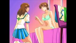 2girls animated bedroom bra breasts brown_eyes grabbing_another's_breast green_bra green_panties groping indoors interior kisaragi_miyuu kisaragi_yuumi long_hair multiple_girls nipples panties pink_bra pink_panties school_uniform screencap see_in_ao short_hair siblings sisters socks sound topless_female underwear undressing_another video voice_actor white_socks yuri