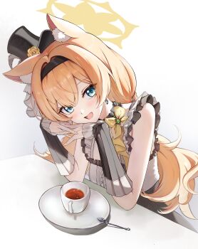 1girl :d absurdres animal_ear_fluff animal_ears backlighting bare_shoulders black_dress black_hairband black_hat blue_archive blue_eyes blush cat_ears cat_girl center_frills chinese_commentary commentary_request cup dress dutch_angle earrings elbows_on_table extra_ears eyelashes eyes_visible_through_hair flower frilled_dress frills glint grey_dress hair_between_eyes hair_intakes hairband halo happy hat hat_flower highres idol idol_clothes interlocked_fingers jewelry leaning_forward long_hair looking_at_viewer low_twintails mari_(blue_archive) mari_(idol)_(blue_archive) official_alternate_costume official_alternate_hairstyle open_mouth orange_hair own_hands_together rose shubun_(user_gxsx8757) simple_background sleeveless sleeveless_dress smile solo spoon tea teacup top_hat twintails two-tone_dress upper_body very_long_hair white_background yellow_flower yellow_halo yellow_rose