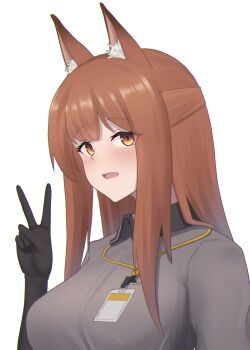 1girl :d animal_ear_fluff animal_ears arknights bakkasu150 black_gloves blush breasts brown_hair chromatic_aberration collared_shirt commentary_request elbow_gloves fang fox_ears fox_girl franka_(arknights) gloves grey_shirt highres lanyard long_hair looking_at_viewer open_mouth partial_commentary shirt sidelocks simple_background skin_fang smile solo upper_body v white_background yellow_eyes