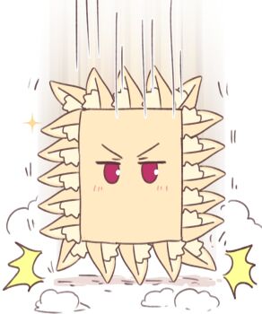 1girl ^^^ animal_ear_fluff animal_ears blush fox_ears highres kemomimi-chan_(naga_u) looking_at_viewer mario_(series) motion_lines naga_u nintendo objectification original purple_eyes smoke solo sparkle speed_lines thwomp v-shaped_eyebrows